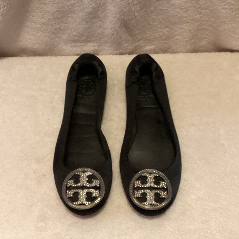 Tory Burch Black Ballet Flats with Silver Emblem